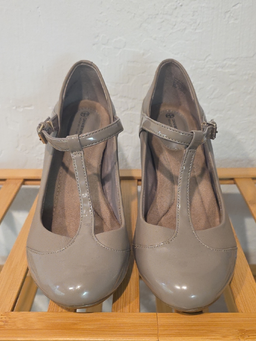 Giani Bernini T-Strap Patent Pumps in Taupe